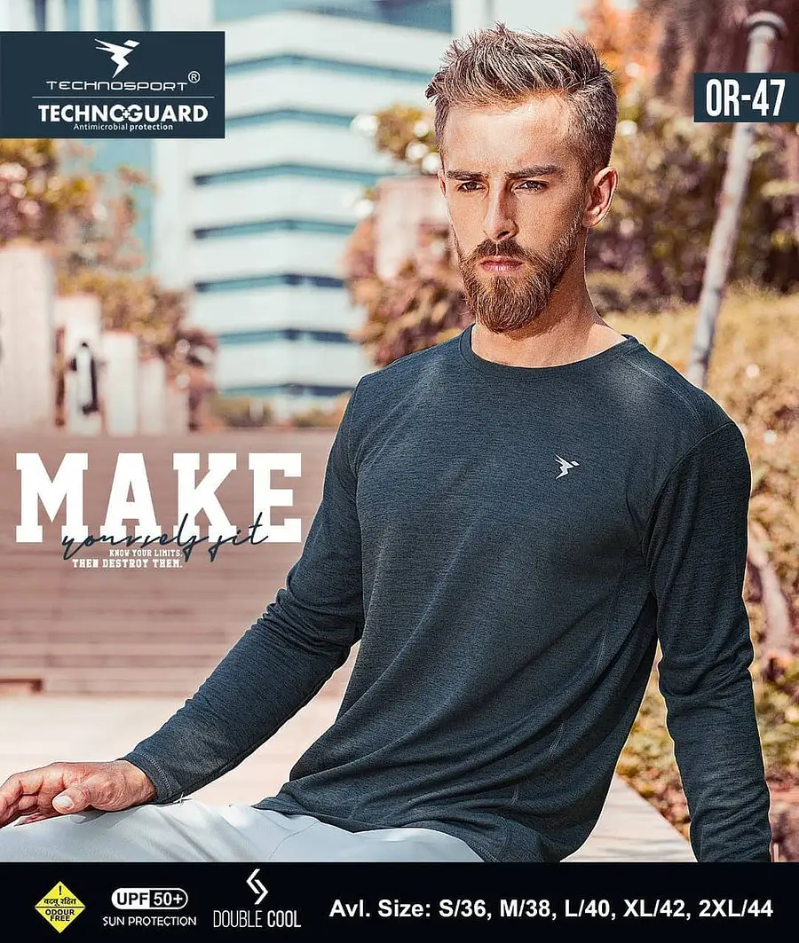 Technosport Full Sleeve Round Neck T shirt Black (OR-47)