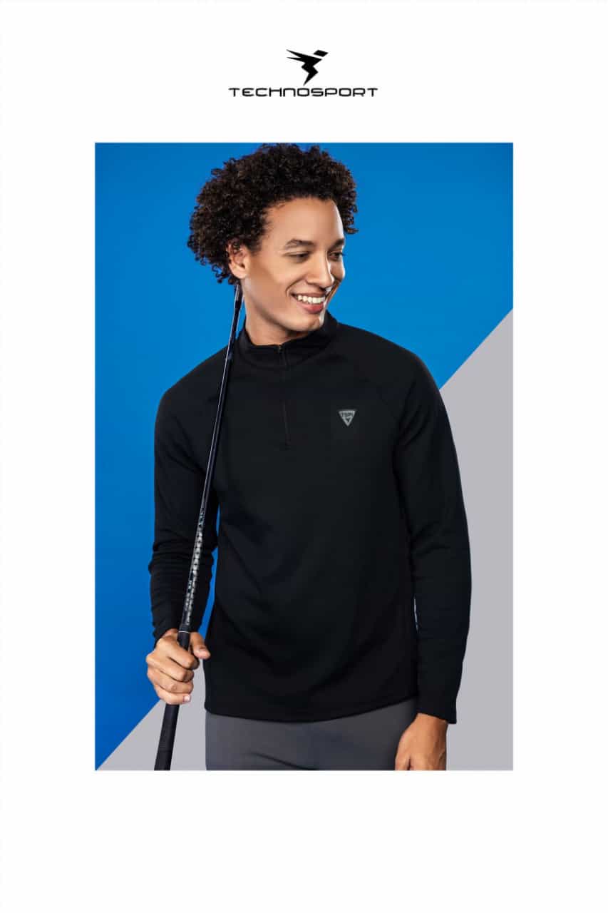 TechnoSport T Neck Full Sleeve Zipper T-Shirt Black (PM-89)